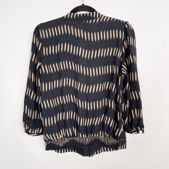 The Limited M Black Cream Striped Hash Printed Tie Neck Blouse Top 3/4 Sleeve - Picture 2 of 7